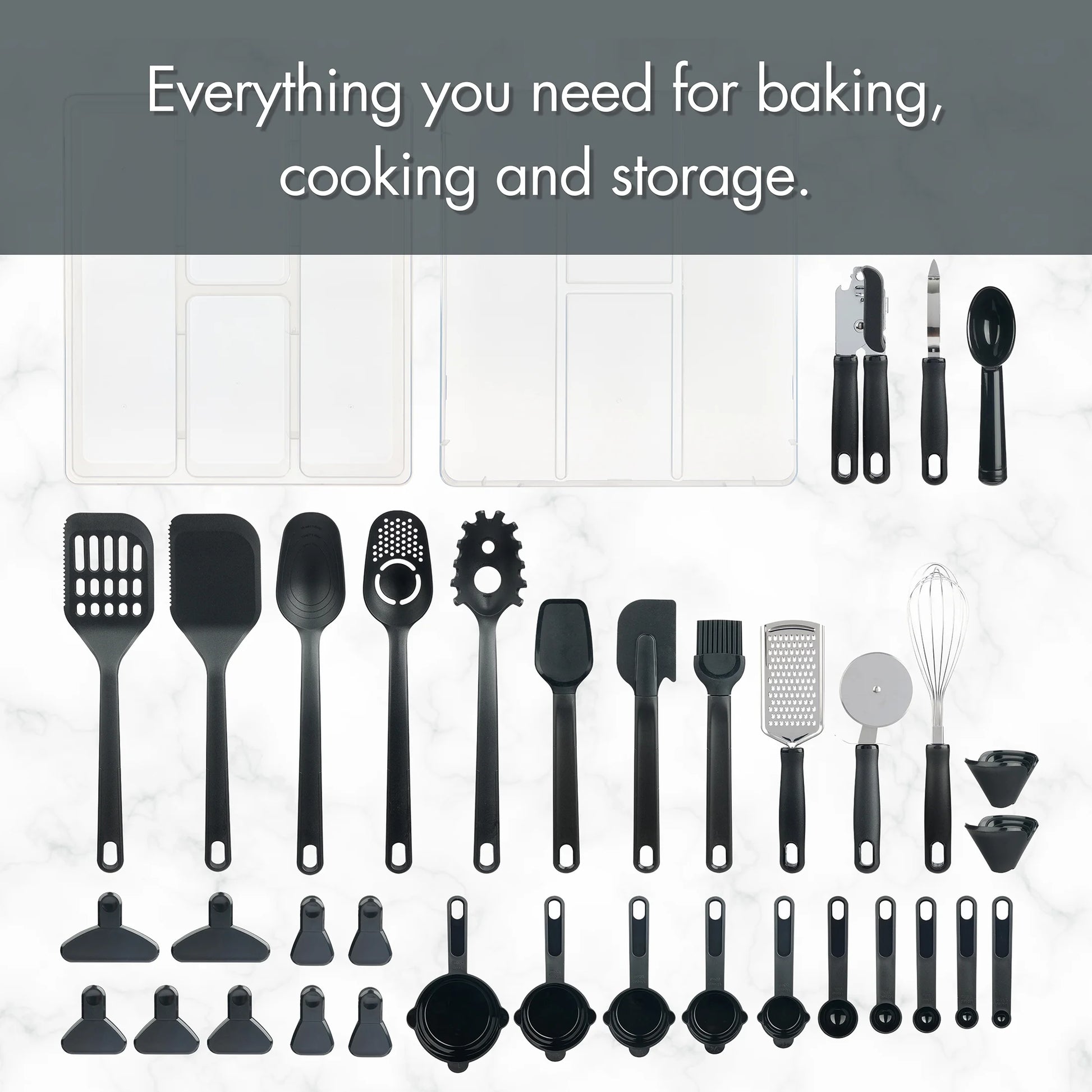 36 Piece Kitchen Gadget Set with Kitchen Cooking Utensils, and Drawer Organizer, Black
