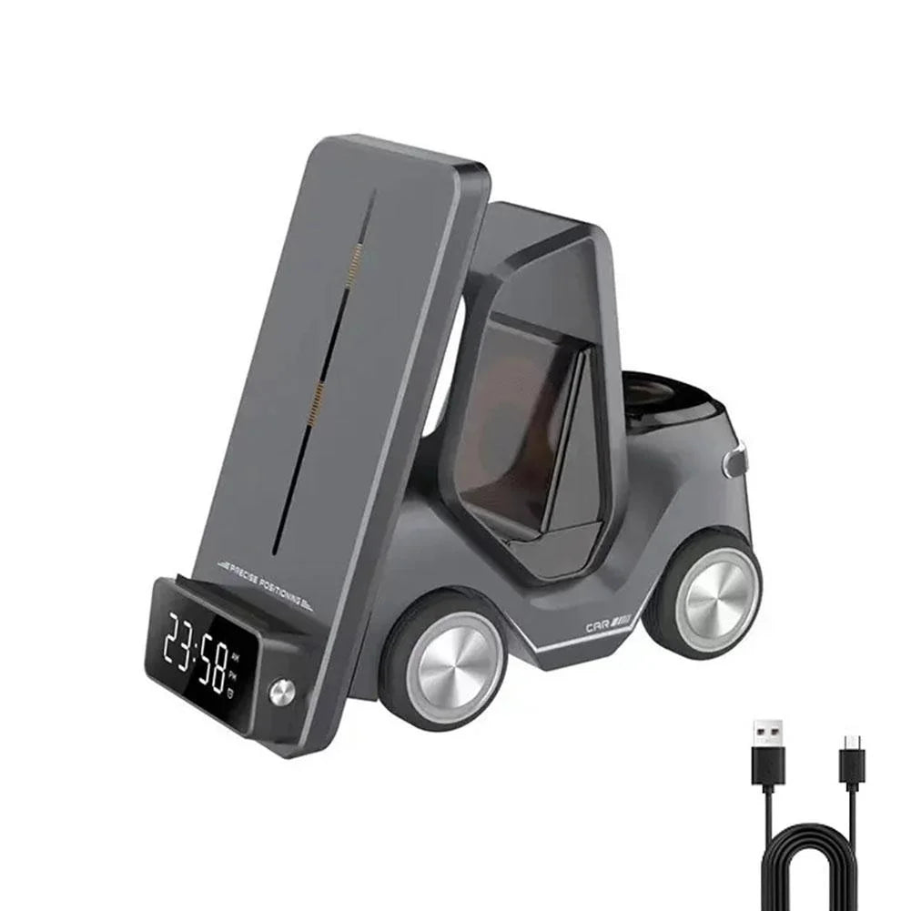 Gray T20 Multi-Function Car Clock Charger Suitable for Mobile Phones, Earphones, Watches, Three-In-One Desktop Wireless Fast Charging