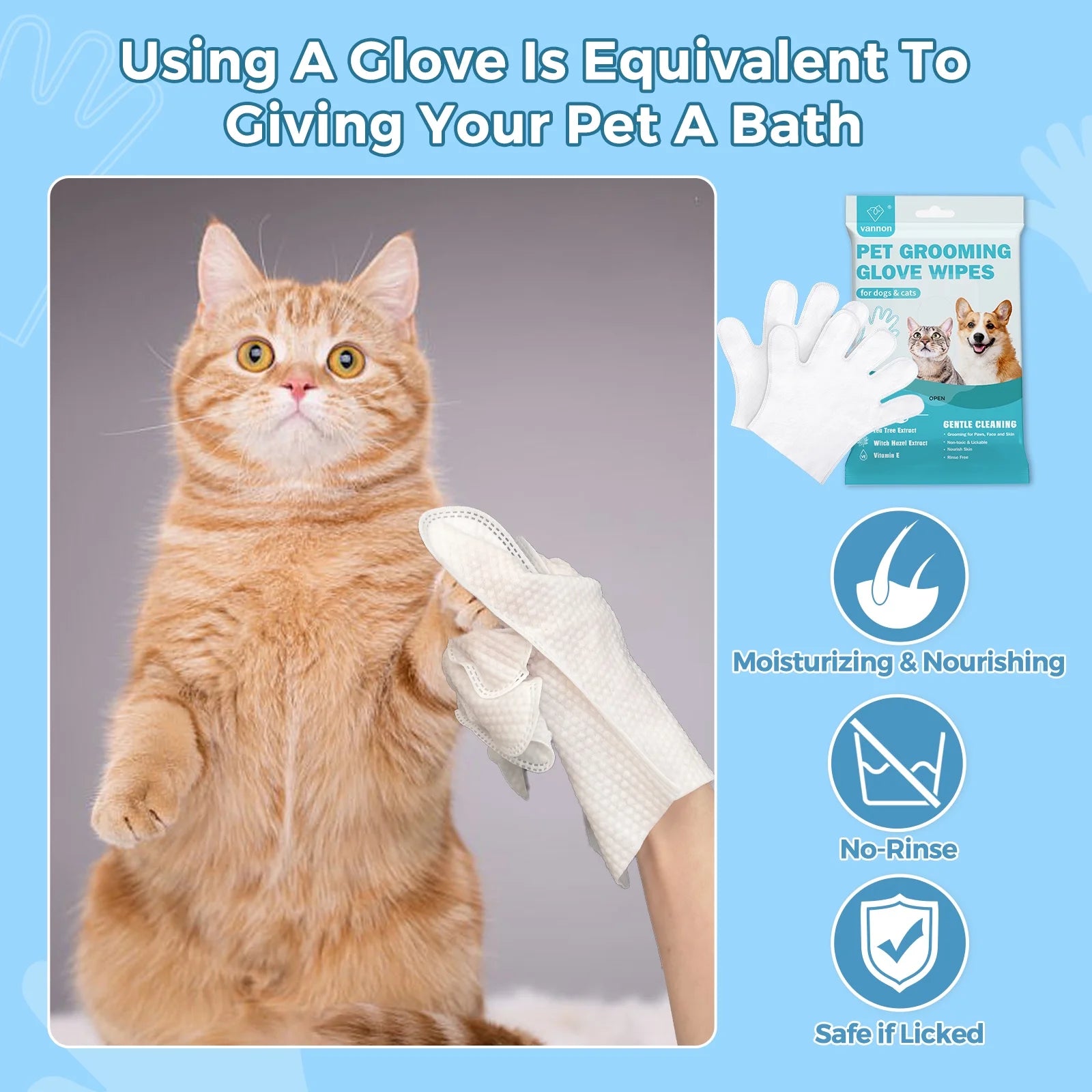 "Pet Bathing Wipes for Dogs & Cats, Cleaning & Deodorizing Grooming Gloves, Nourish Fur Glove Wipes for Daily Care and Traveling, Rinse Free，6 Pcs"