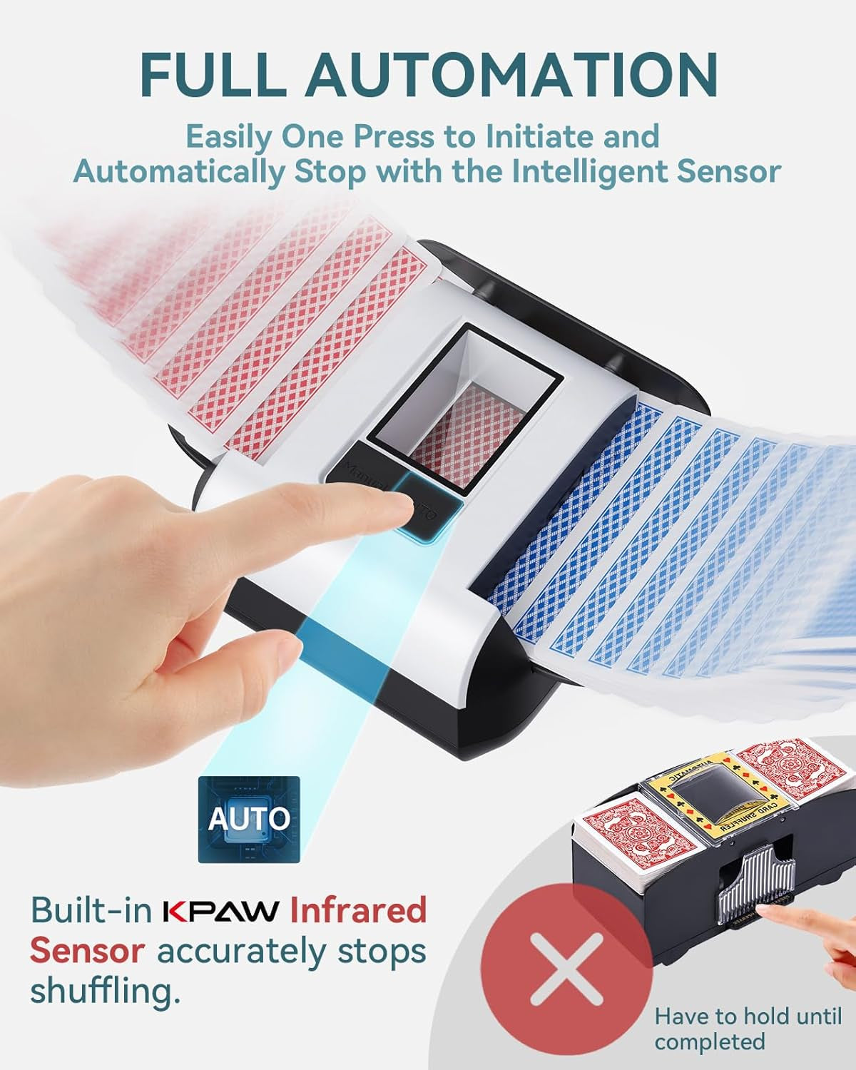 Automatic Card Shuffler - One-Press AUTO & Manual Mode, Electric Shuffling Machine for 1-2 Decks, Low Noise, Rechargeable & Portable Shuffler Machine for Poker, UNO, Blackjack, Skip-Bo, Phase 10