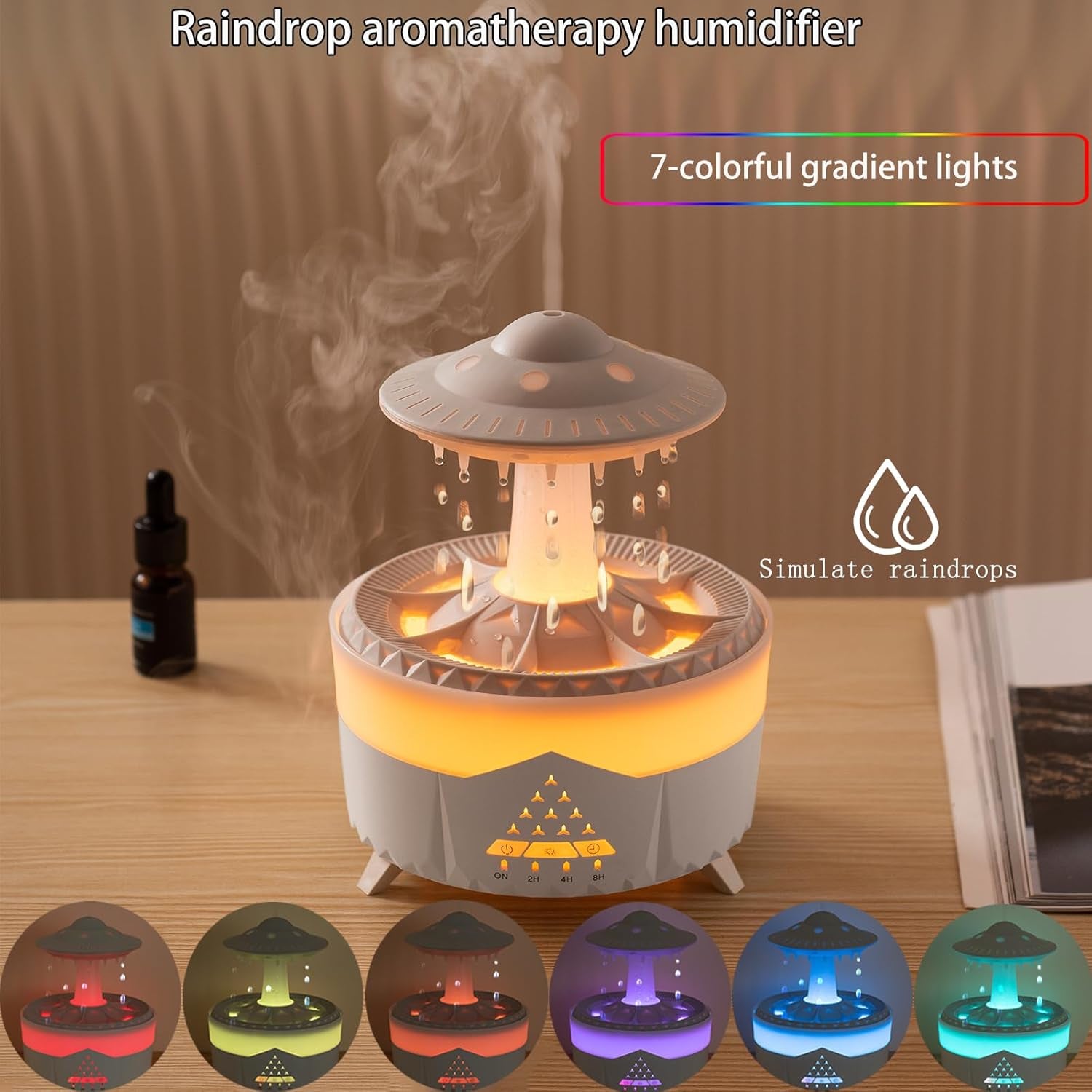 Raindrop Humidifier for Bedroom Large Room -Air Humidifiers and Aromatherapy Diffuser,Ultrasonic Humidifier,Quiet Humidifier with Ambient Light & 4 Timer,Waterless Auto off (No Remote Control)