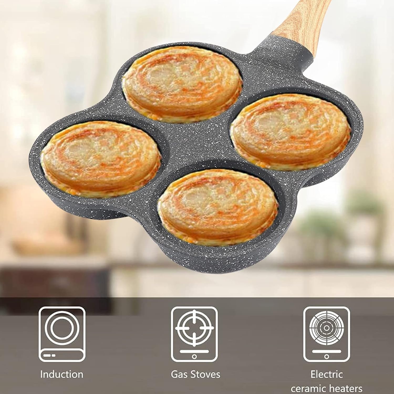 4-Hole Egg Frying Pan 4- Pan Non-Stick Frying Pan 4-Cup Egg Frying Pan Stone Coating Egg Cooker Pan Compatible with All Heat Sources,For Egg Burger/Breakfast Pancake