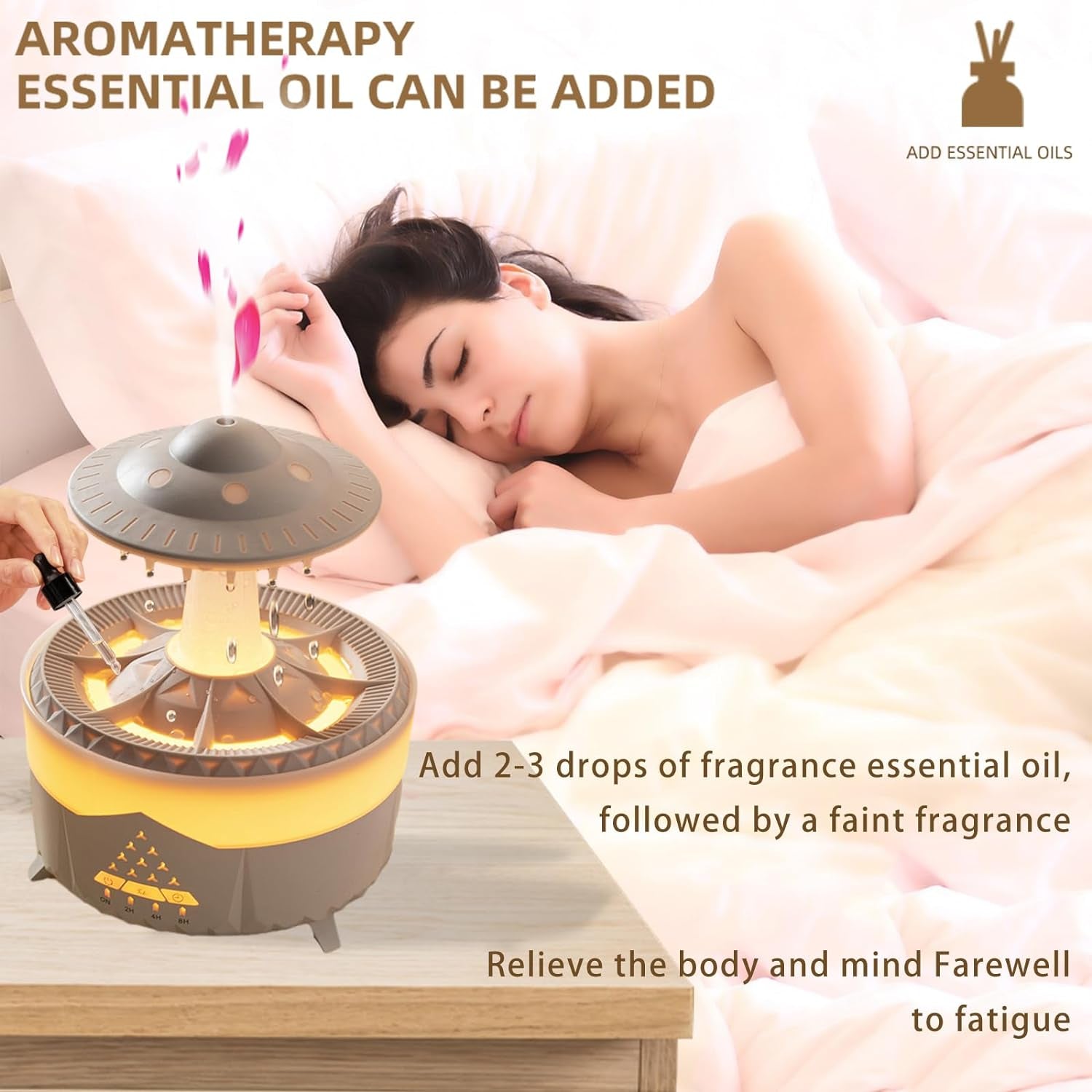 Raindrop Humidifier for Bedroom Large Room -Air Humidifiers and Aromatherapy Diffuser,Ultrasonic Humidifier,Quiet Humidifier with Ambient Light & 4 Timer,Waterless Auto off (No Remote Control)