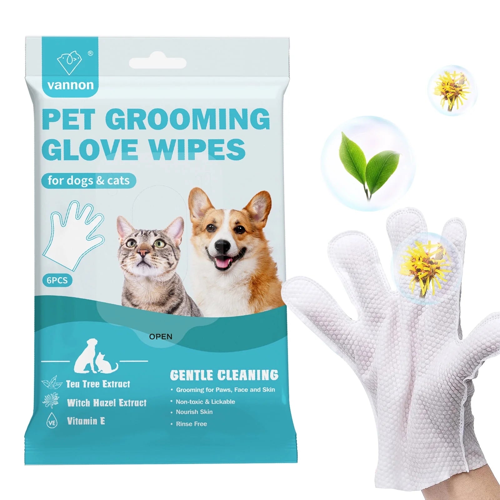 "Pet Bathing Wipes for Dogs & Cats, Cleaning & Deodorizing Grooming Gloves, Nourish Fur Glove Wipes for Daily Care and Traveling, Rinse Free，6 Pcs"