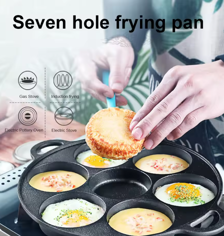 EggCraft™ 7-Slot Skillet – Aluminum Egg & Burger Mold Pan with Heat-Resistant Handle, Ideal for Quick Breakfasts, Gas & Ceramic Stoves