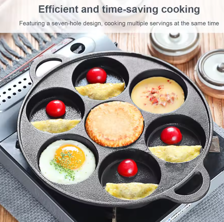 EggCraft™ 7-Slot Skillet – Aluminum Egg & Burger Mold Pan with Heat-Resistant Handle, Ideal for Quick Breakfasts, Gas & Ceramic Stoves