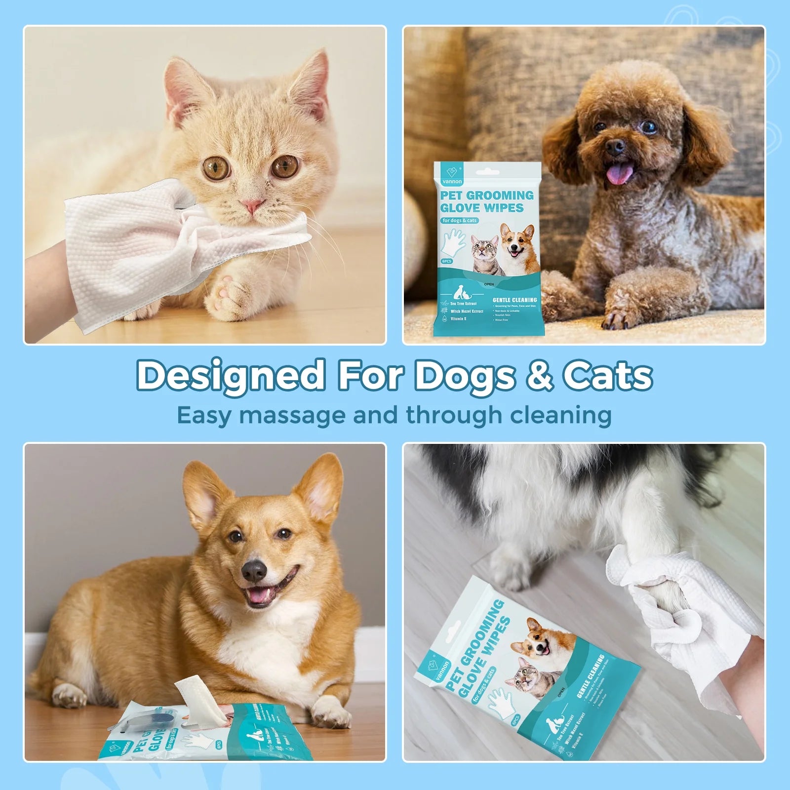 "Pet Bathing Wipes for Dogs & Cats, Cleaning & Deodorizing Grooming Gloves, Nourish Fur Glove Wipes for Daily Care and Traveling, Rinse Free，6 Pcs"