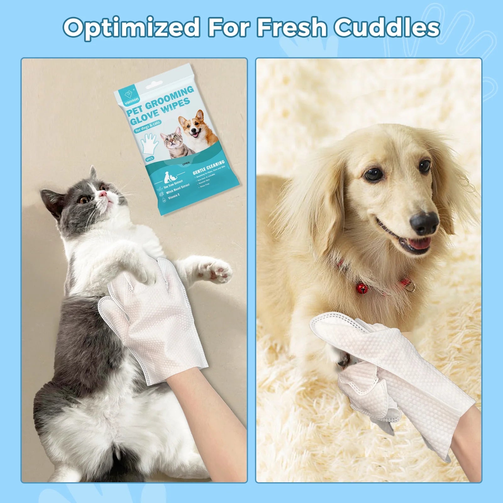 "Pet Bathing Wipes for Dogs & Cats, Cleaning & Deodorizing Grooming Gloves, Nourish Fur Glove Wipes for Daily Care and Traveling, Rinse Free，6 Pcs"