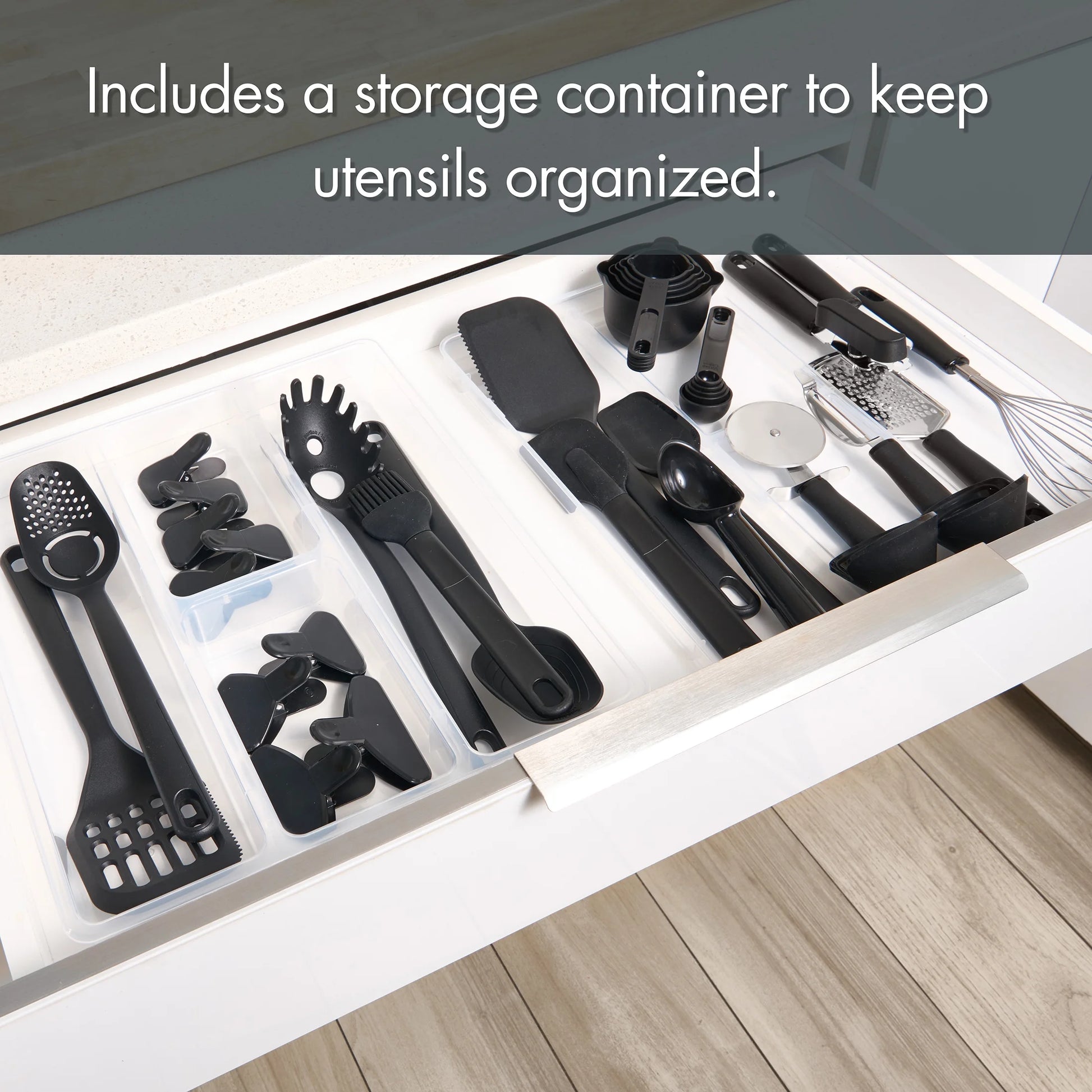 36 Piece Kitchen Gadget Set with Kitchen Cooking Utensils, and Drawer Organizer, Black
