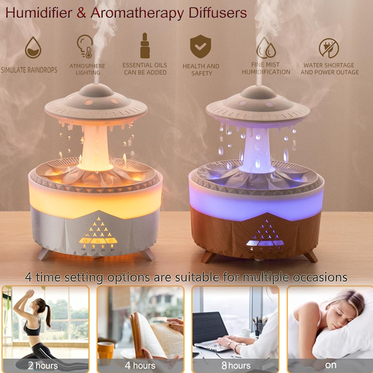 Raindrop Humidifier for Bedroom Large Room -Air Humidifiers and Aromatherapy Diffuser,Ultrasonic Humidifier,Quiet Humidifier with Ambient Light & 4 Timer,Waterless Auto off (No Remote Control)