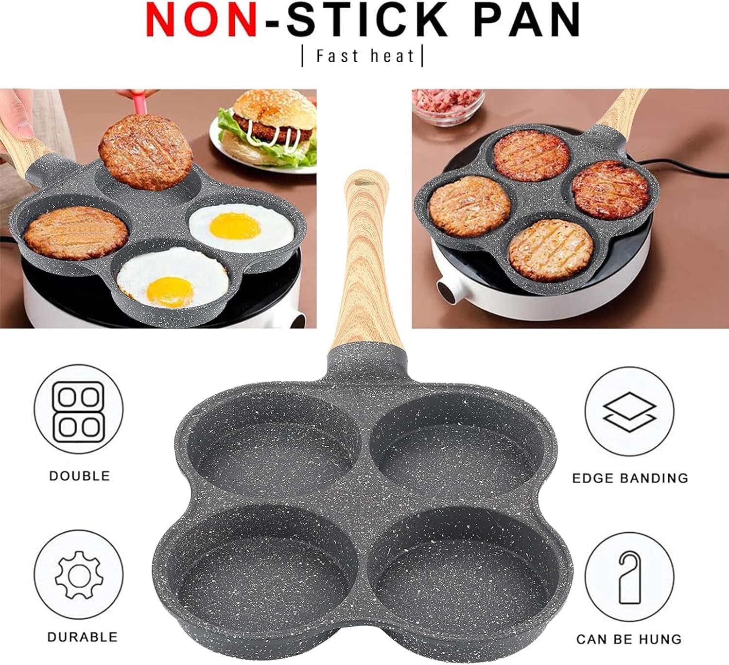 4-Hole Egg Frying Pan 4- Pan Non-Stick Frying Pan 4-Cup Egg Frying Pan Stone Coating Egg Cooker Pan Compatible with All Heat Sources,For Egg Burger/Breakfast Pancake