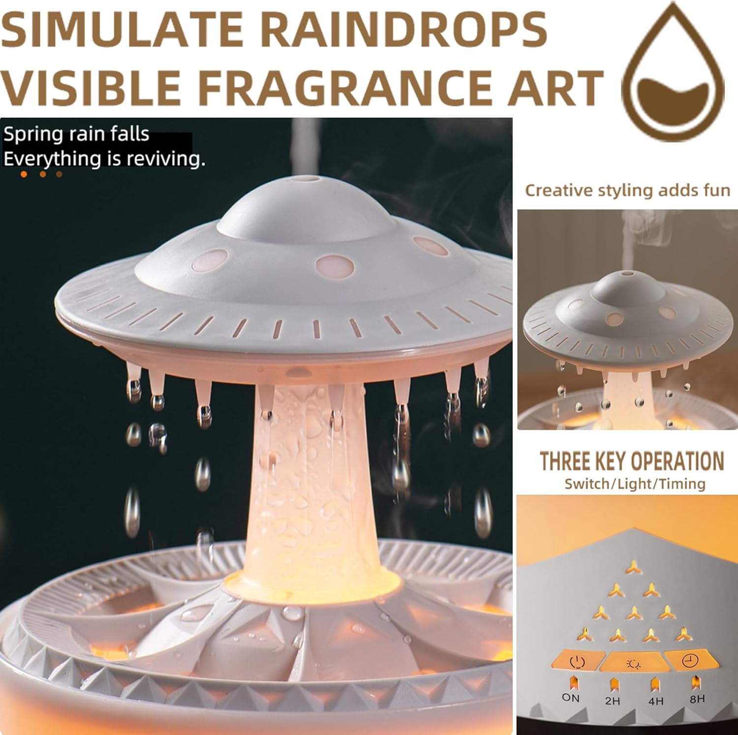 Raindrop Humidifier for Bedroom Large Room -Air Humidifiers and Aromatherapy Diffuser,Ultrasonic Humidifier,Quiet Humidifier with Ambient Light & 4 Timer,Waterless Auto off (No Remote Control)